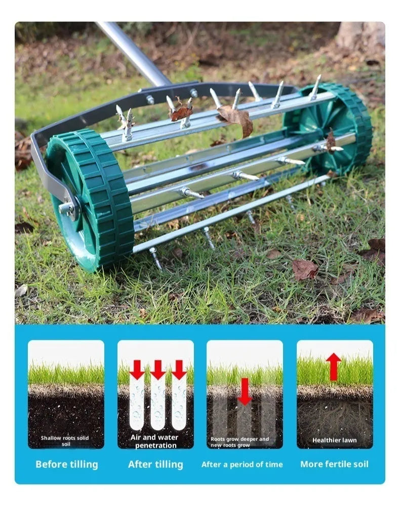 Manual lawn aerator and scarifier with A3 steel soil ripper head, 45x24x22cm garden tool