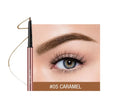Eyebrow pencil in caramel shade on white background with colour box packaging showing six colour options