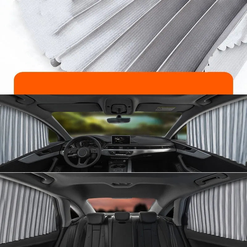 Retractable car sun curtain in opaque cloth extended across vehicle window