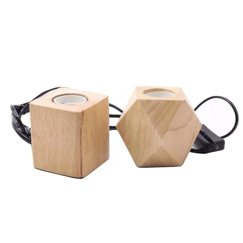 Wooden retro lamp holder in square shape with hanging wire measuring 75mm by 80mm