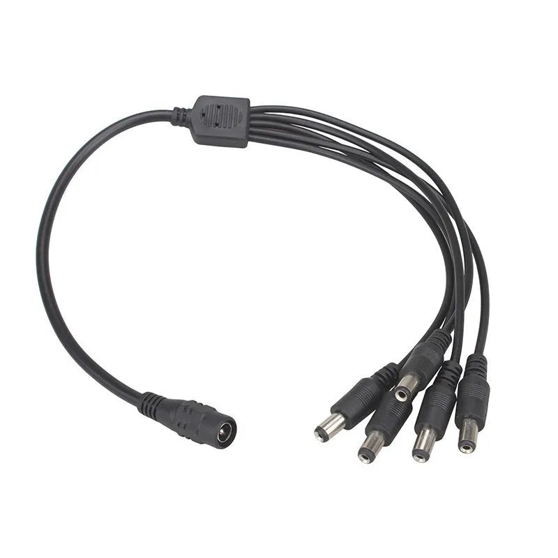 Black DC monitoring power cord with one input and four output connectors for security cameras