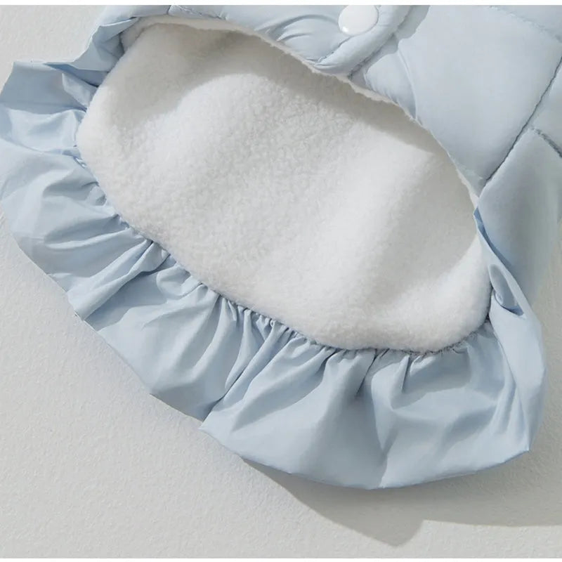 Warm fleece pet skirt for small dogs and cats with built-in D-ring, Blue or Pink, sizes XS to XL