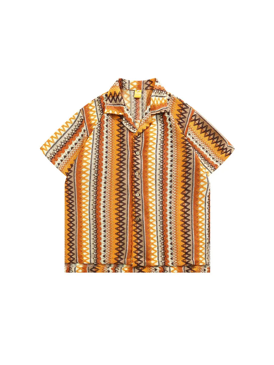 Men's ethnic pattern Cuban collar shirt with contrasting colours in loose fit summer design