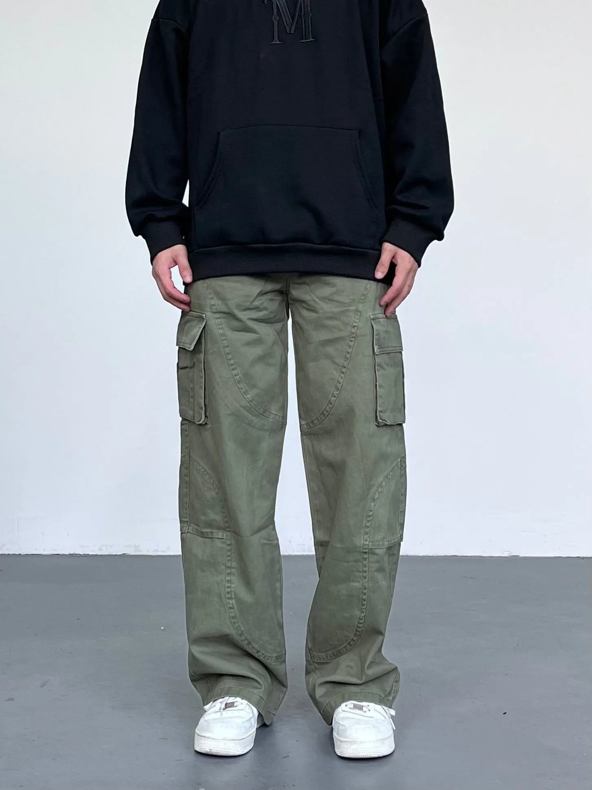 Autumn winter washed worn loose straight-leg overalls in black with pocket decoration