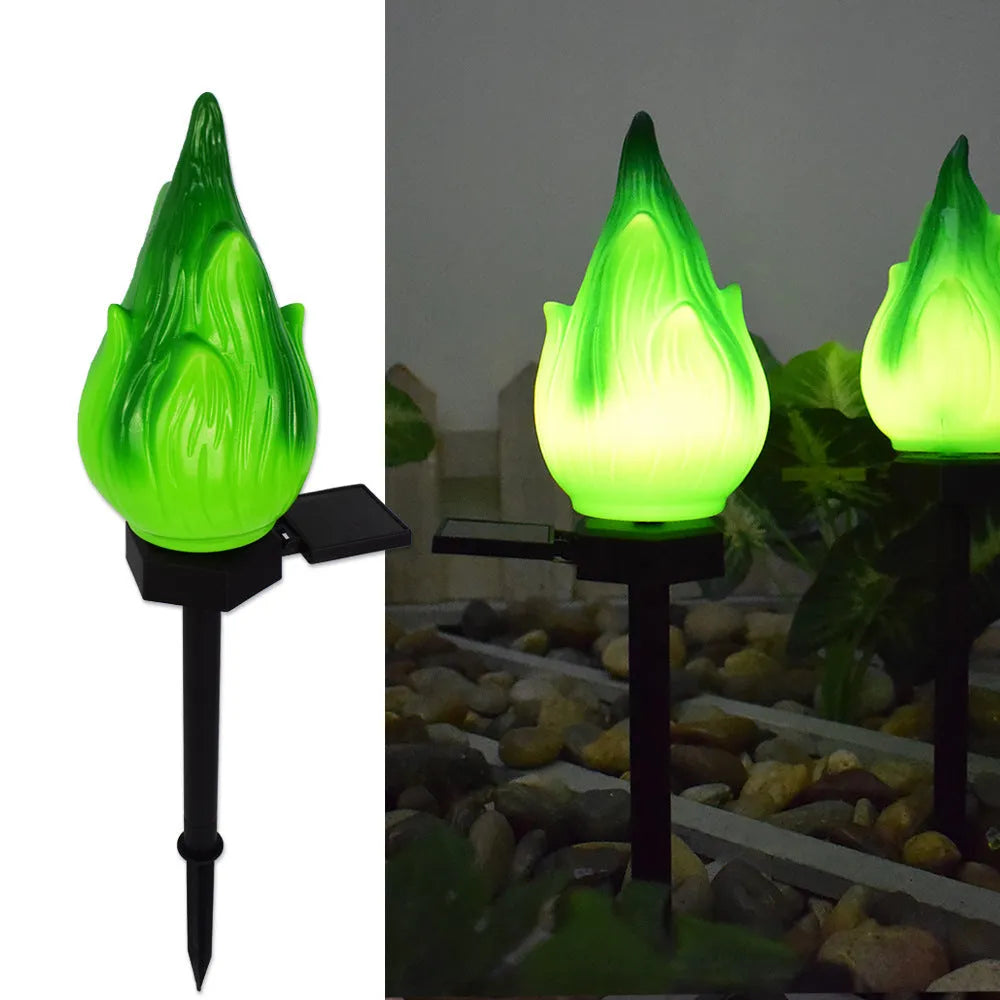 Solar simulation flame lamp with wrought iron frame and yellow flame effect in garden courtyard
