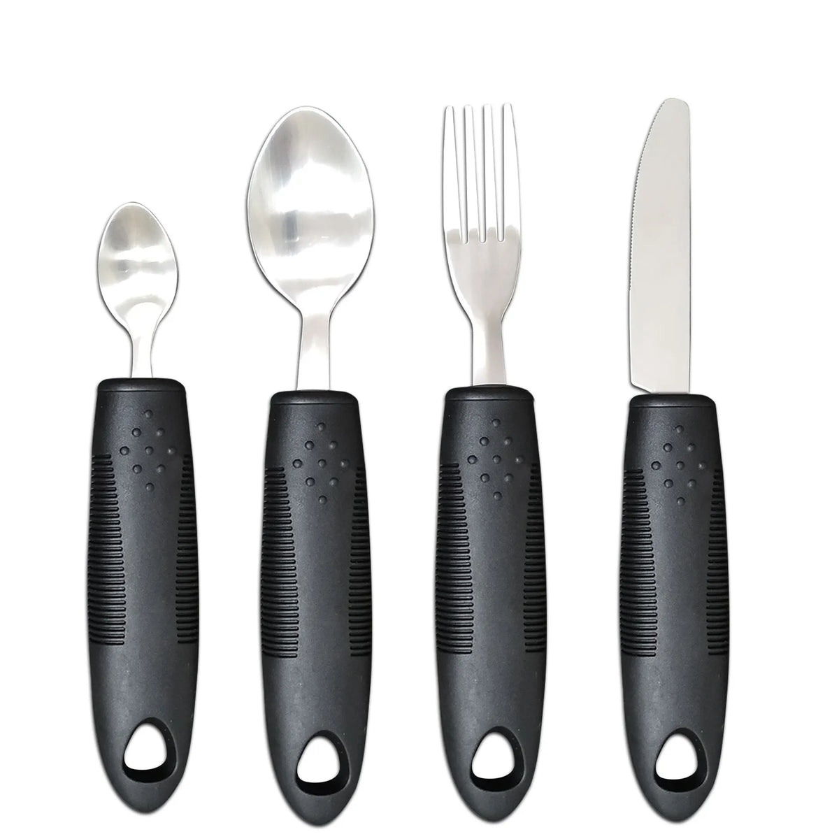 Anti-shake adaptive tableware set with stainless steel utensils and rubber handle grips