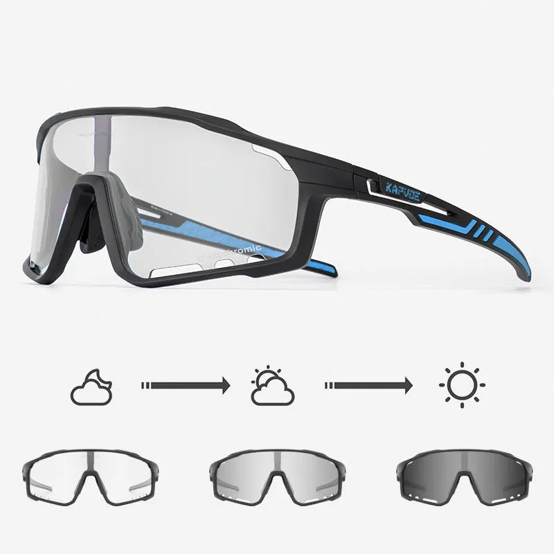 Photochromic cycling sunglasses with semi-rimless TR90 frame on a solid colour background