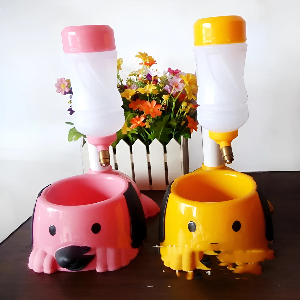 Plastic adjustable rod-lifting pet water bowl in blue, pink, or yellow.