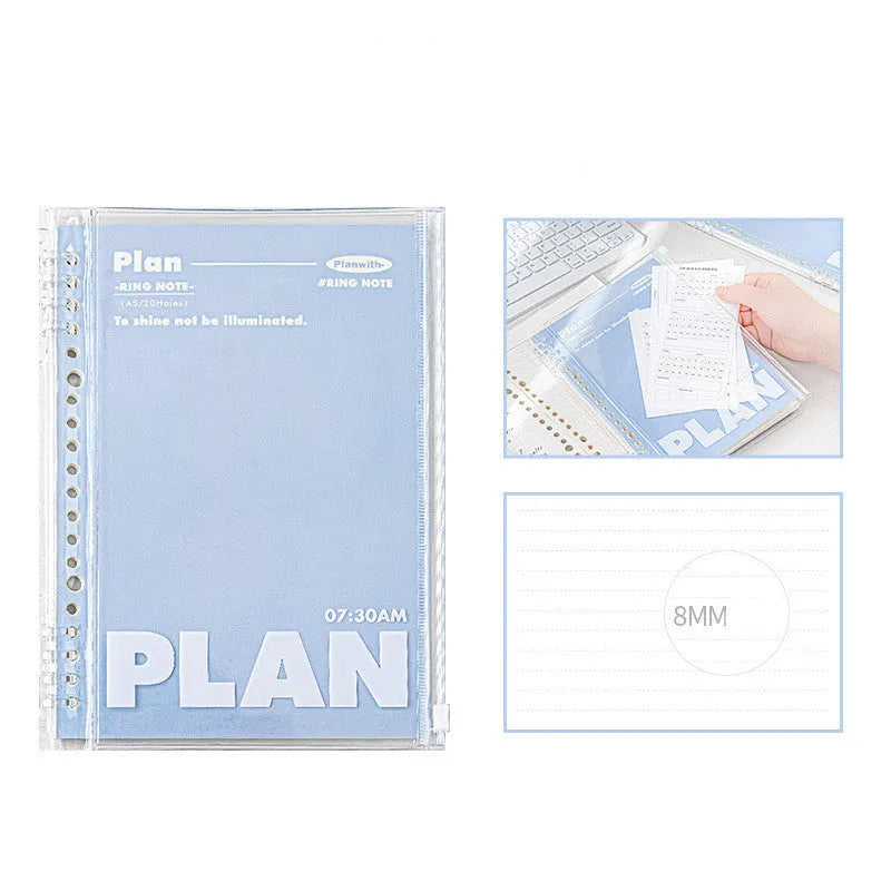 A5 loose spiral notebook with PVC binding in white and blue colour options showing removable page function