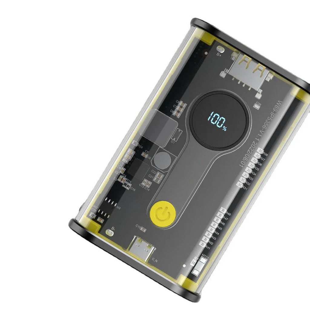 Transparent yellow industrial power bank showing internal battery cells with 10000mAh capacity