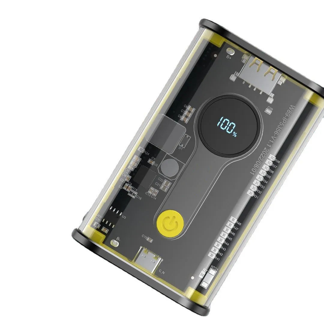 Transparent yellow industrial power bank showing internal battery cells with 10000mAh capacity