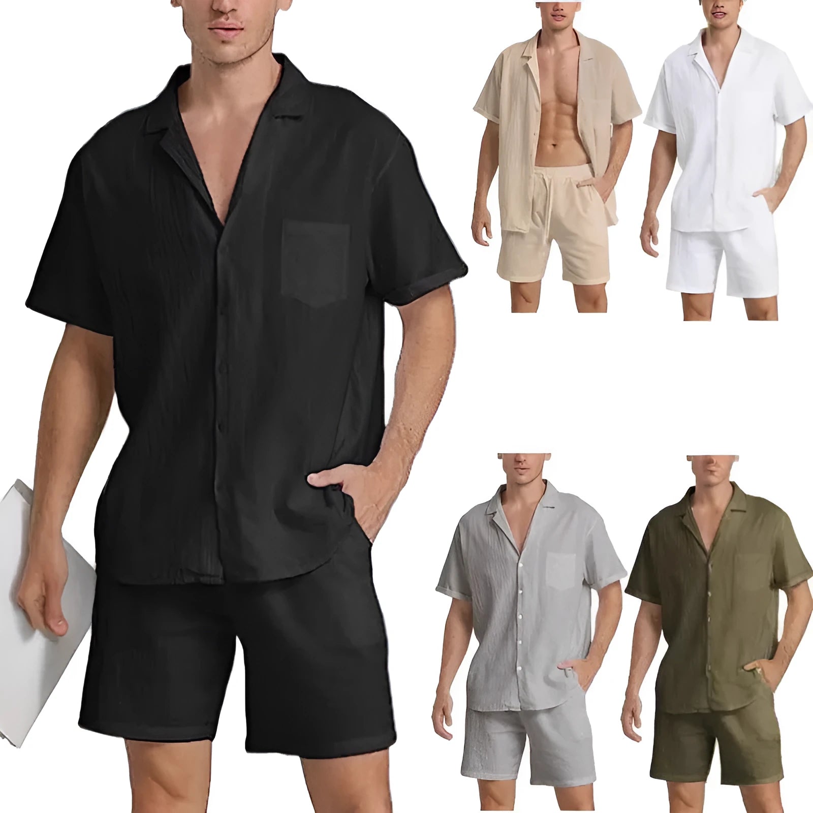 Men's grey flax linen short-sleeve top and matching shorts suit laid flat