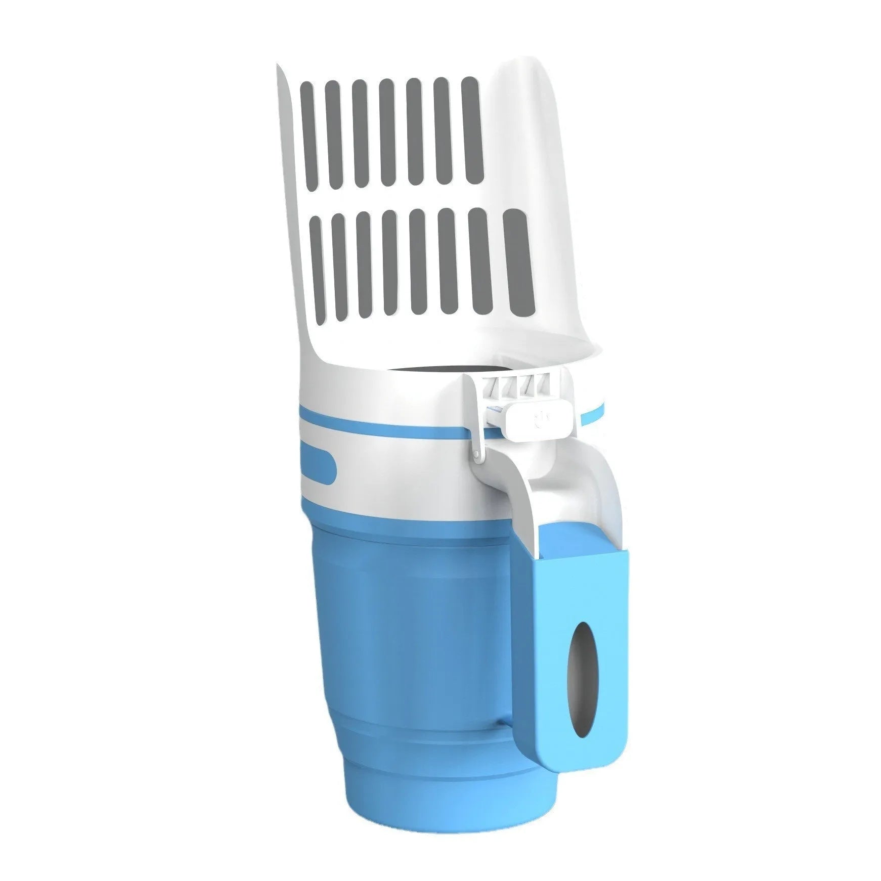 Grey, blue, and green cat litter scoop with attached foldable waste bin and refill bags.