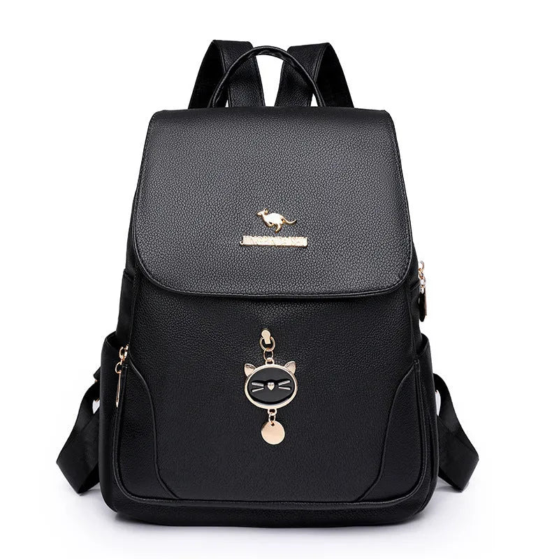 Casual women's leather backpack in street trend style with three-dimensional pockets