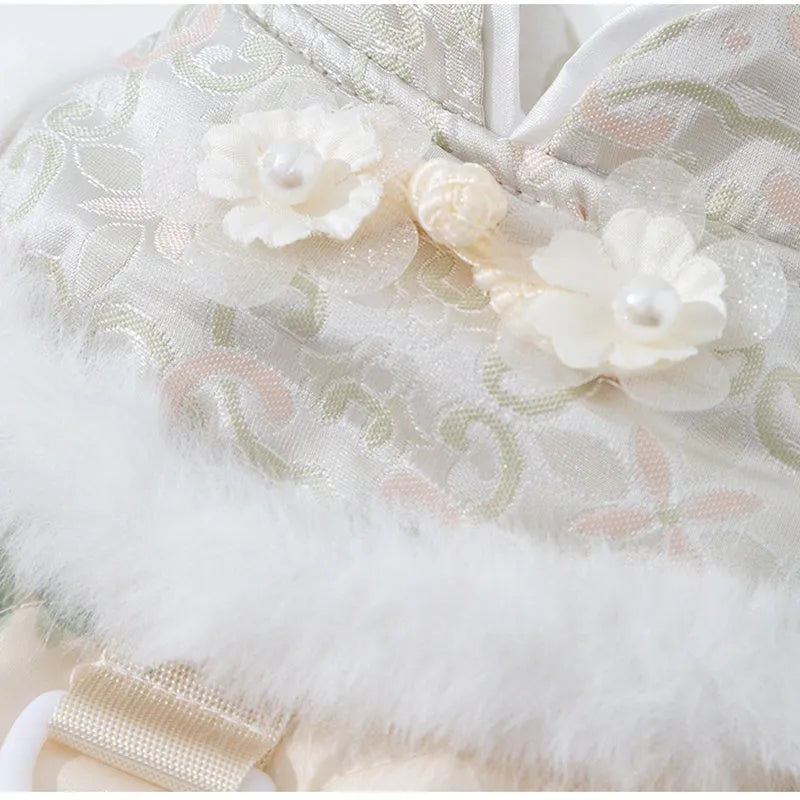 Thick cotton-padded 4-legged dog overalls with Chinese floral pattern faux fur collar and pearl-like buttons in blue