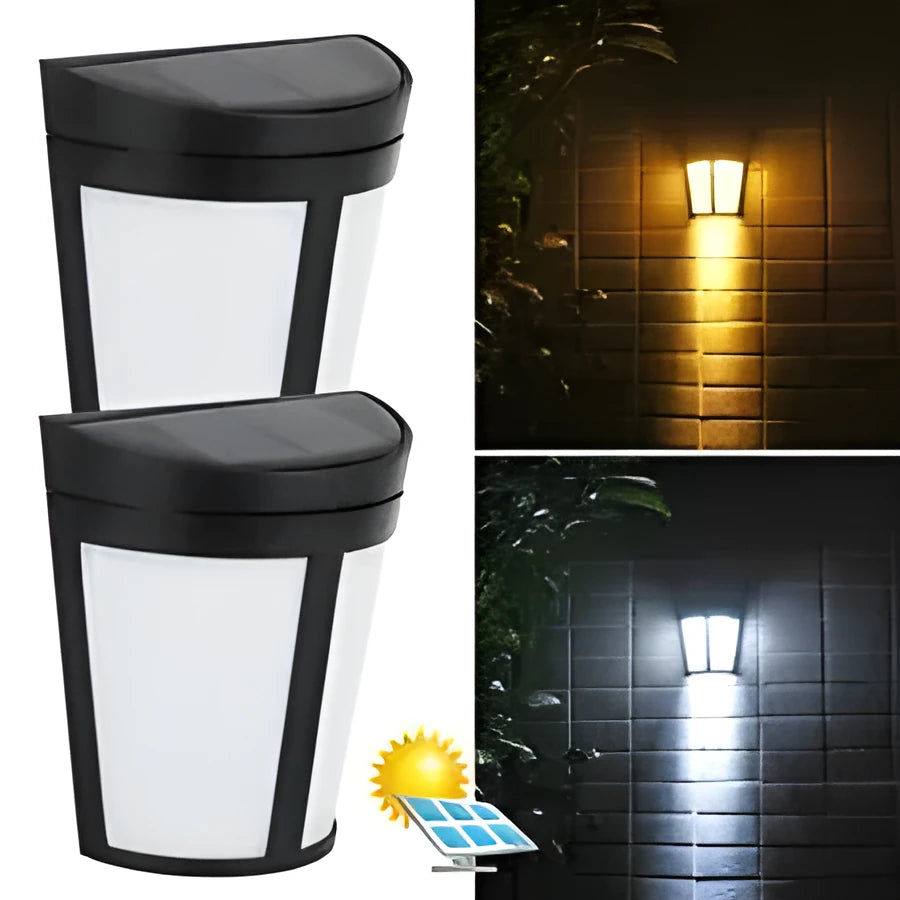 Solar-powered outdoor wall lamp with six LEDs and IP65 waterproof rating for garden and courtyard lighting