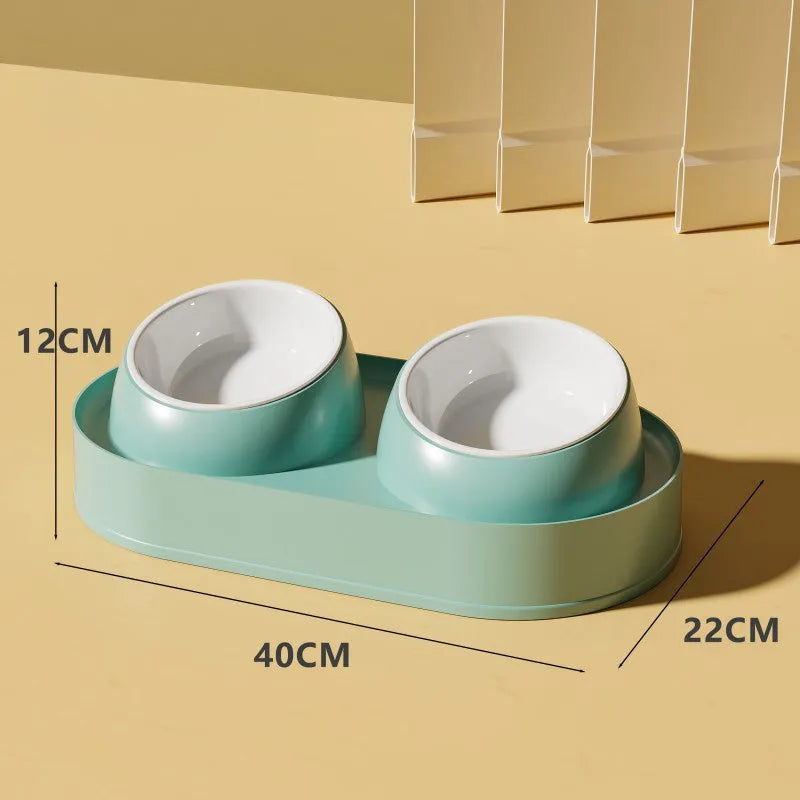 White elevated double pet food bowl with tilted design for cats and small dogs on a non-slip base.