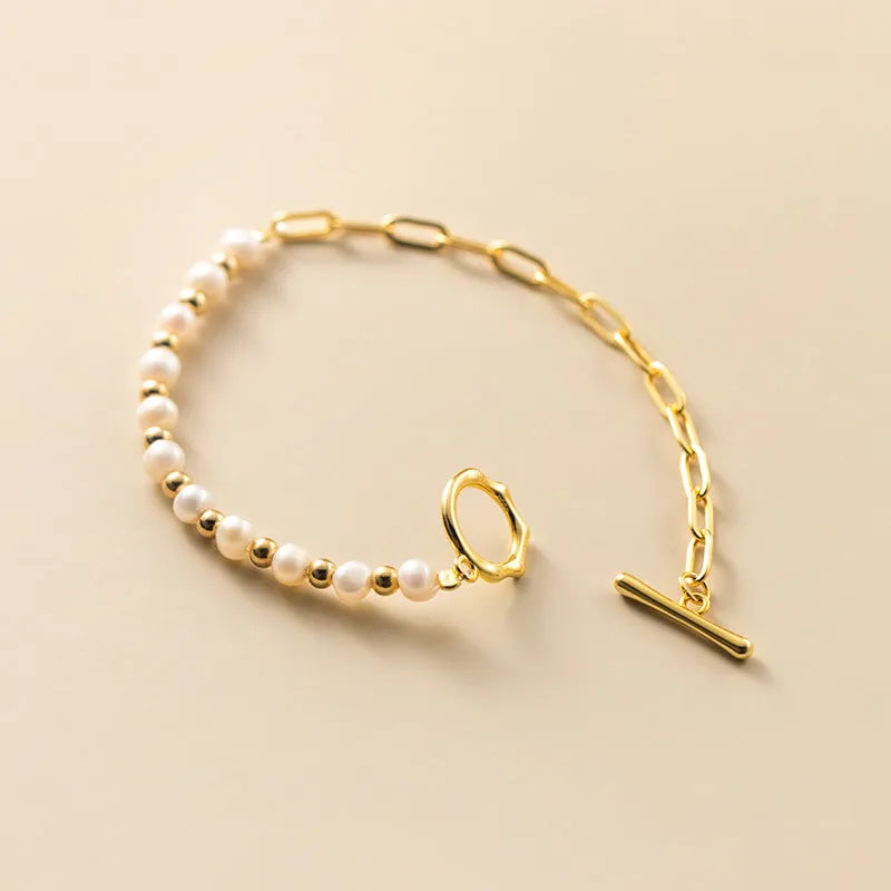 Women's Korean-style geometric pearl stitching bracelet with electroplated S925 silver finish on alloy