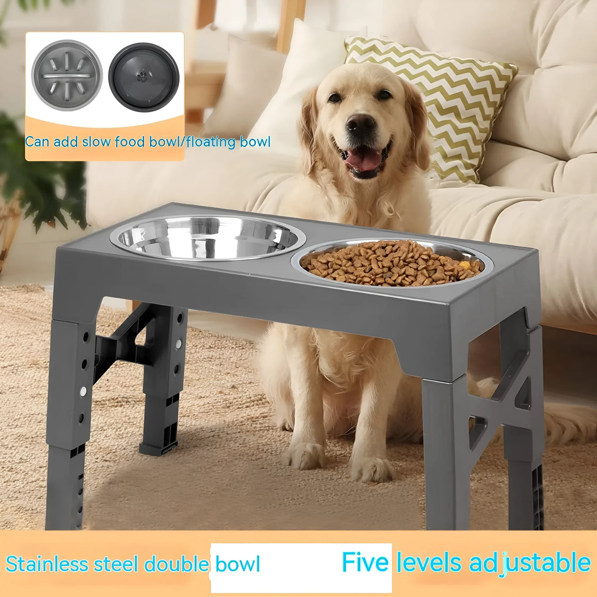 Elevated pet feeder bowl rack with two stainless steel bowls, 44x27.9x29cm, in grey, black, or white