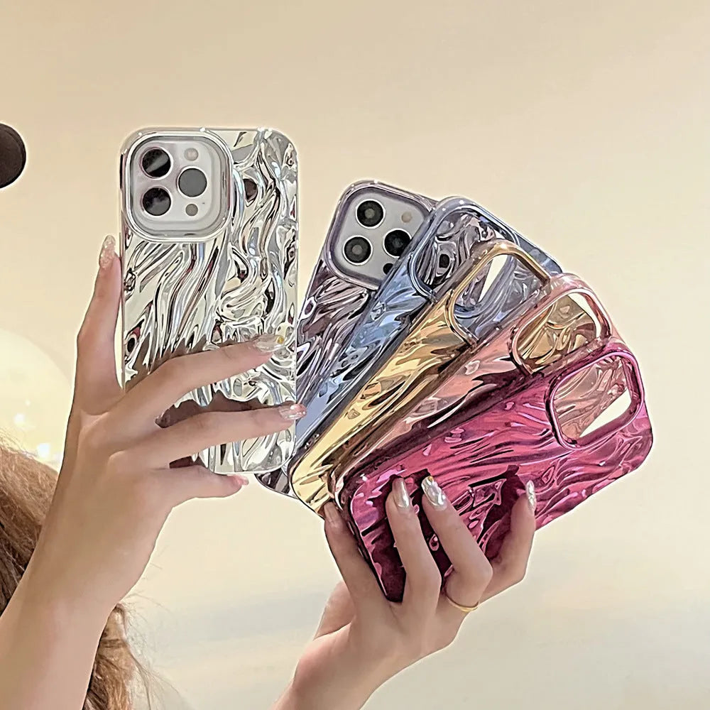 Three-dimensional pleated electroplated TPU phone case for Apple iPhone in pink with fall protection