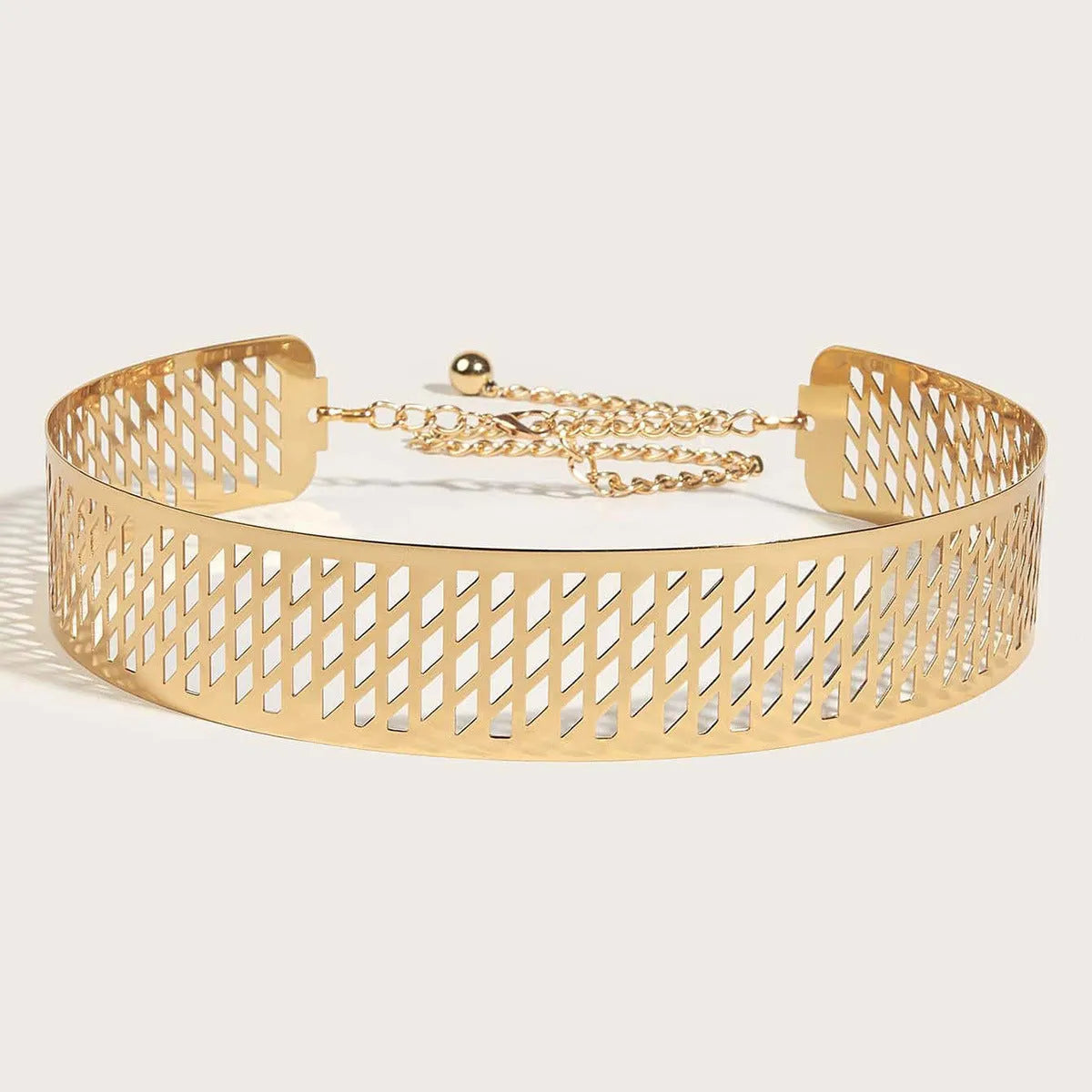 Gold thick iron waist ring belt with alloy buckle shown at 105cm length.