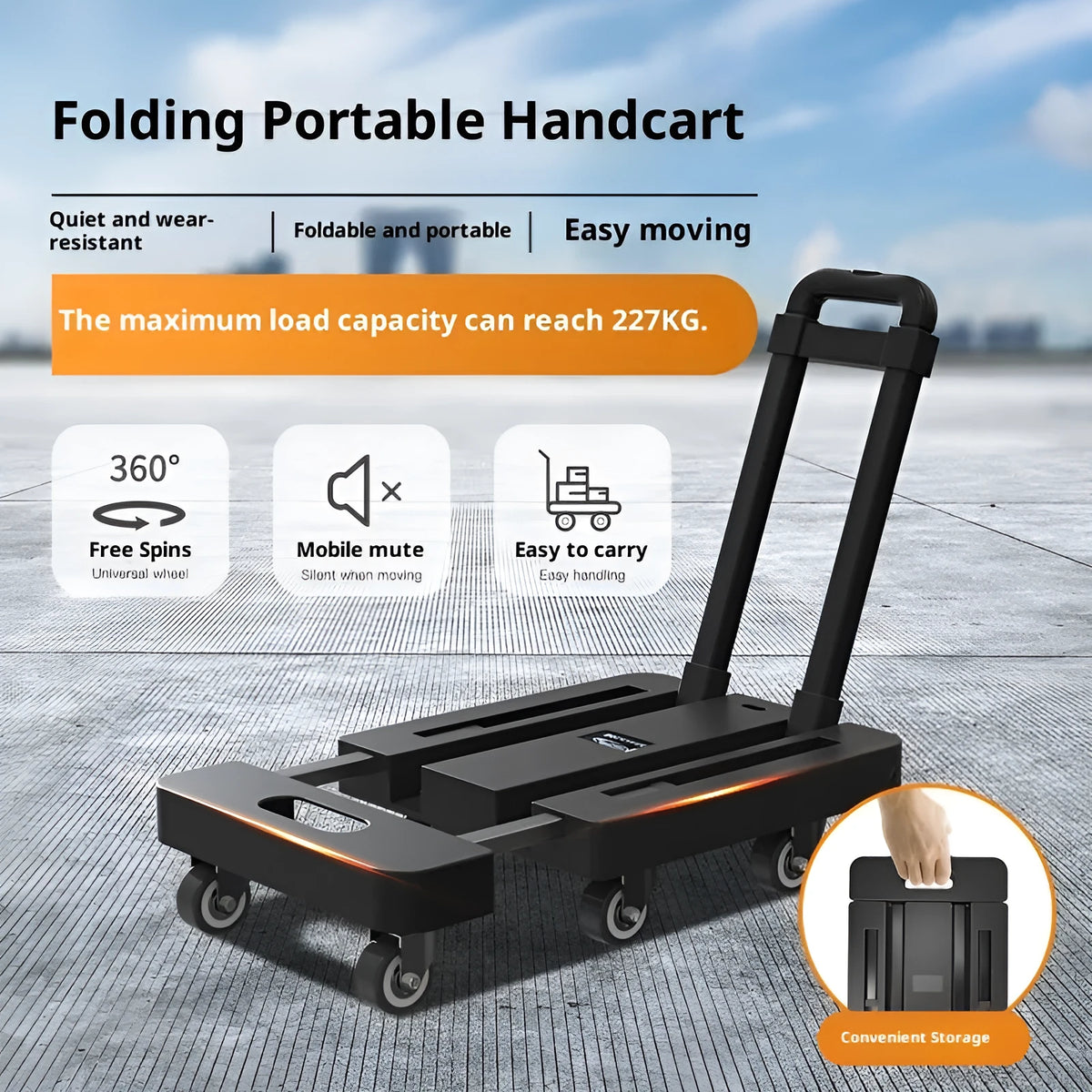 Black direct-supply portable silent handcart with PP plastic metal frame and PU wheels