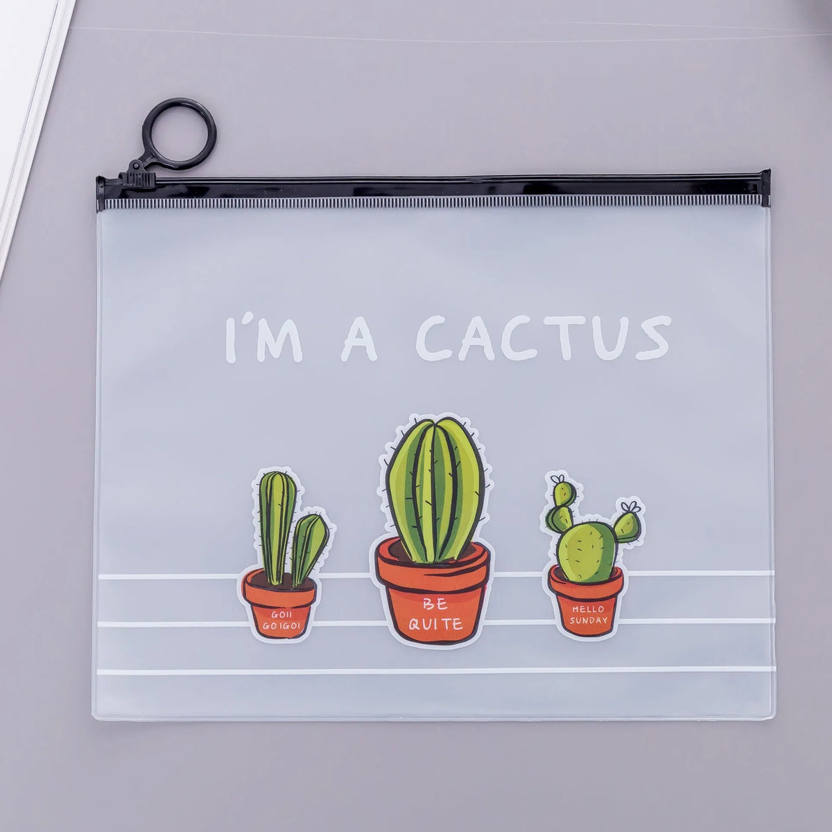PVC sealed pencil case with cactus pattern, 17.1x21.2cm, on a desk