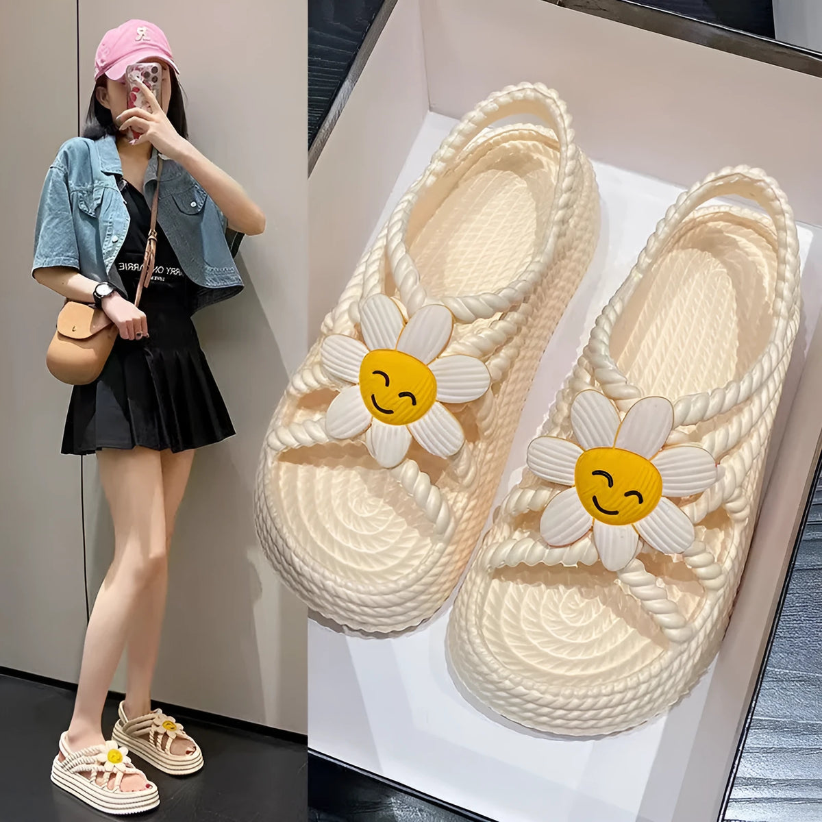 Beige PVC sandals with a round toe, non-slip sole, and a sunflower decoration.