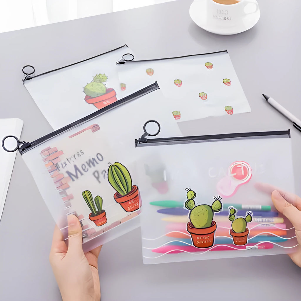 PVC sealed pencil case with cactus pattern, 17.1x21.2cm, on a desk