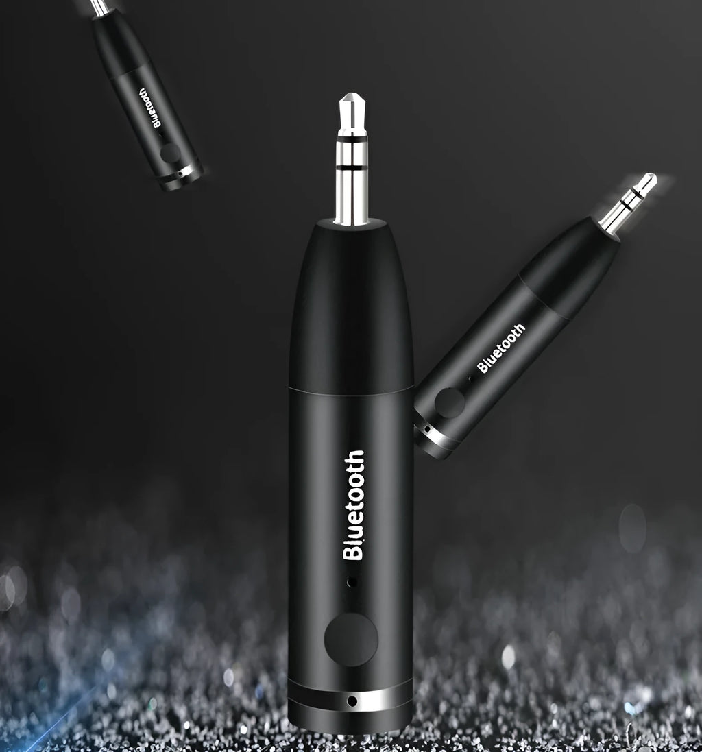 Black Bluetooth audio receiver for car stereo with AUX connection and USB power cable