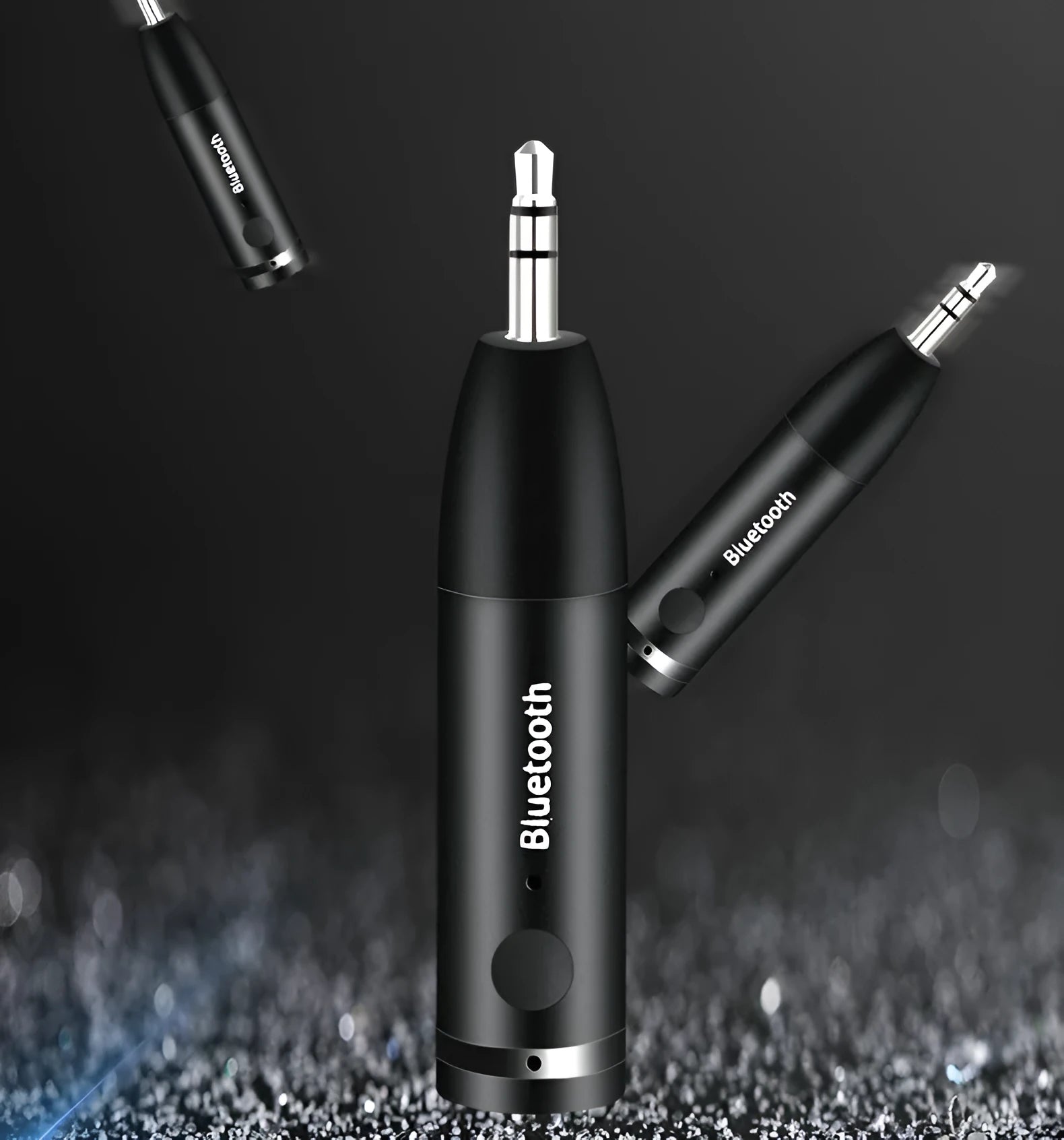 Black Bluetooth audio receiver for car stereo with AUX connection and USB power cable