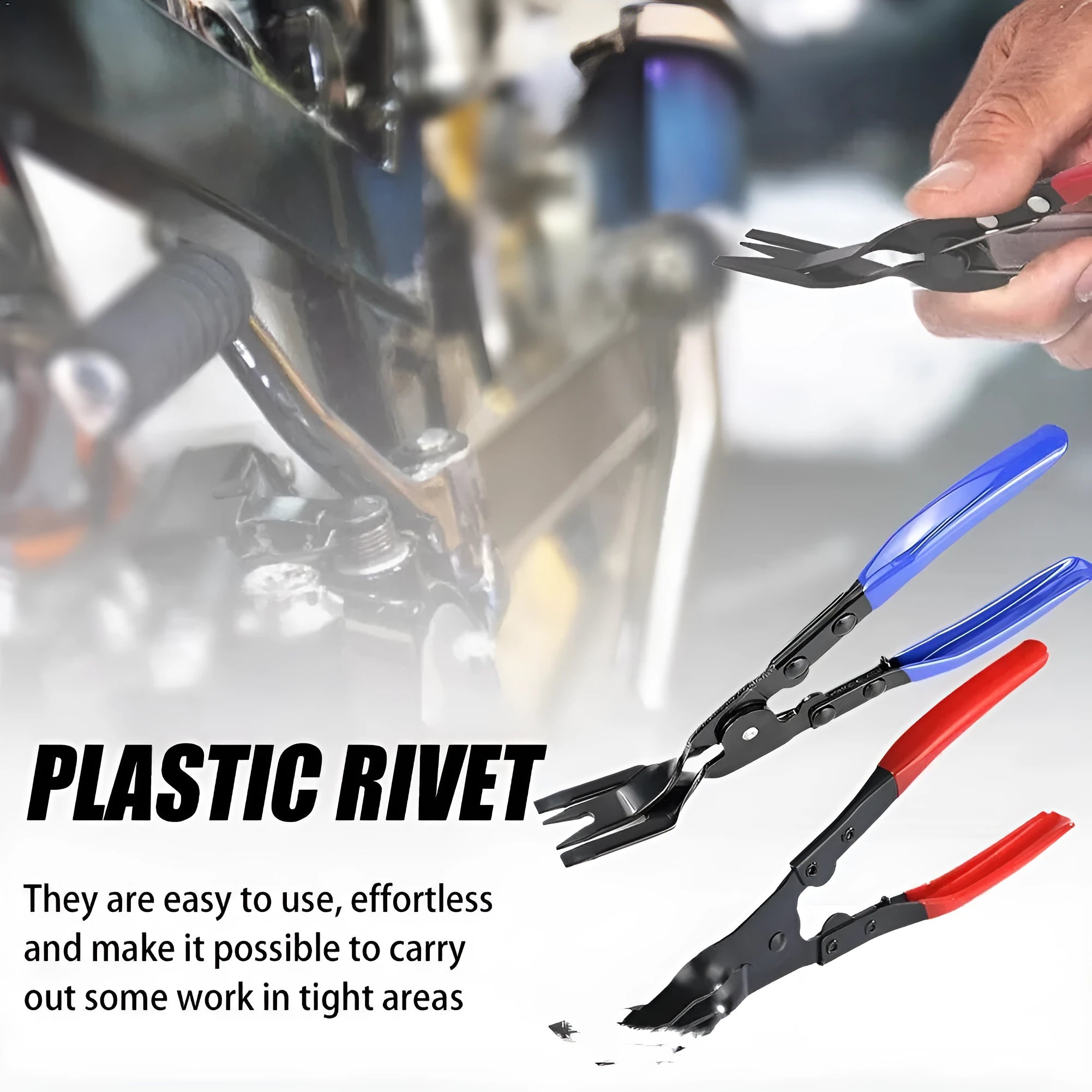 Blue steel automotive clamp removal pliers tool with 235mm length on a workbench.