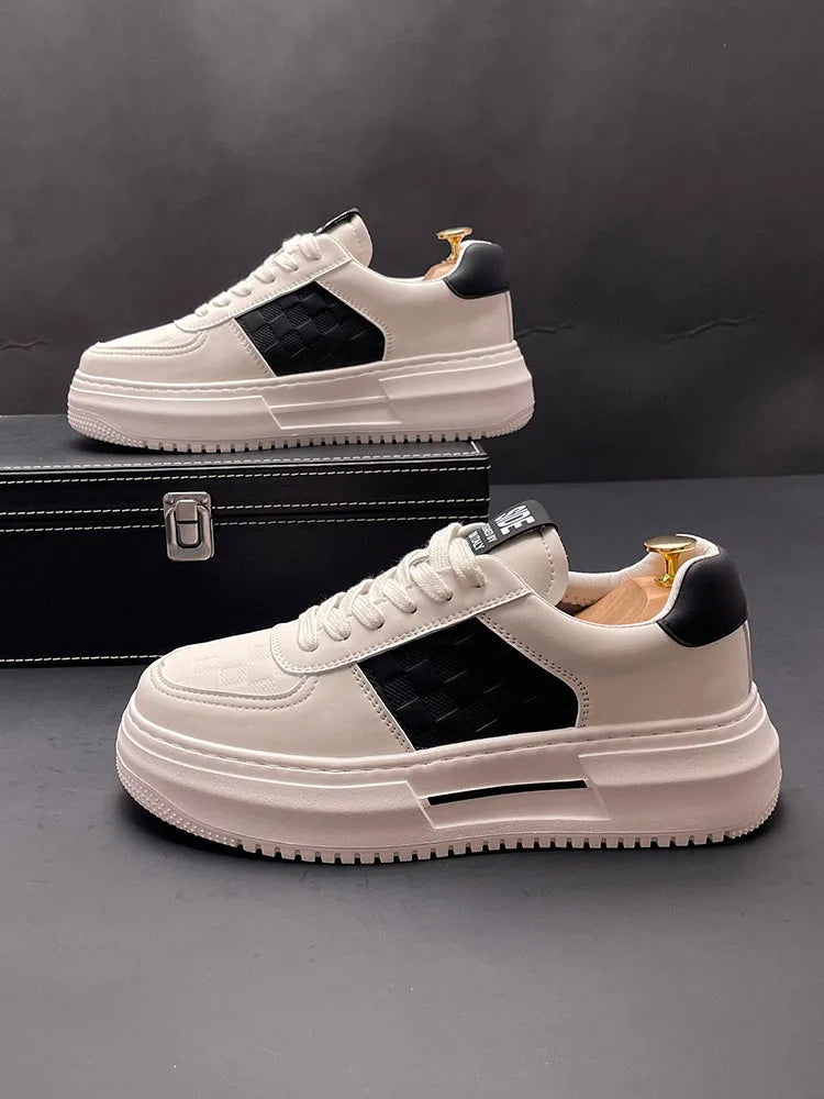 Unisex white green and white black cloth sports shoes with rubber foam soles showing optional inside height increase
