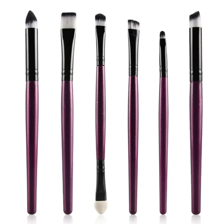 6PCS eye makeup brush set with wood handles and nylon bristles on white background