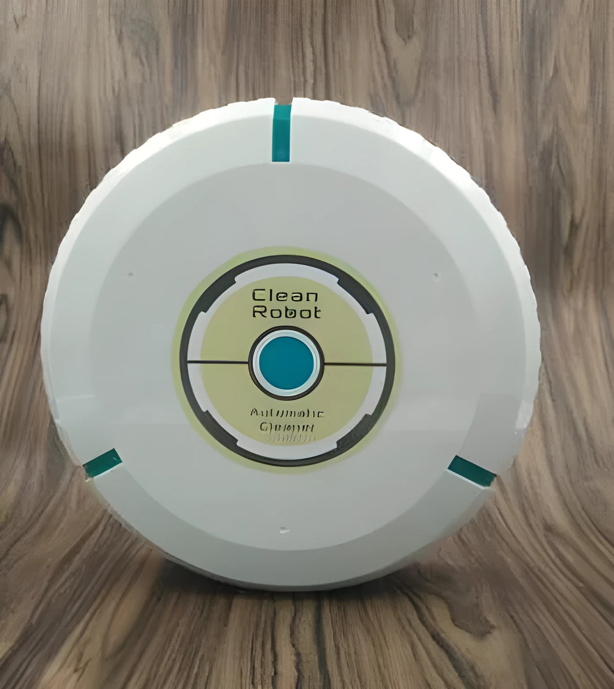 Black or white AC automatic sweeping robot on a hardwood floor next to a dust bin.