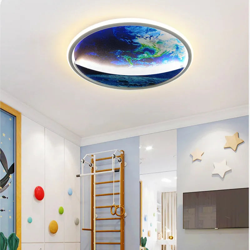 Round 30x6cm LED ceiling light with planet Earth design, aluminium body, PC shade, 50W, for children's rooms
