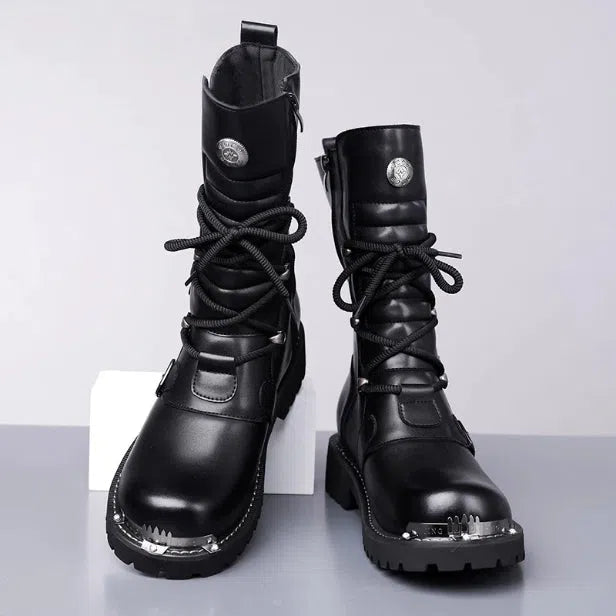 Men's black high-top riding boots with side zipper, round toe, and flat heel in vintage British style