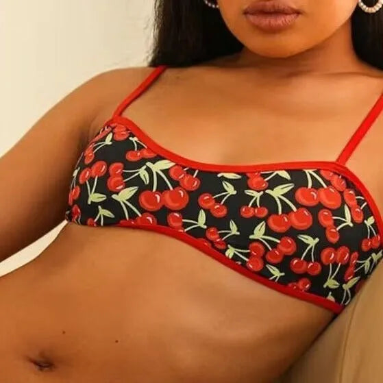 Women's cherry print bikini set with tube top and briefs in polyester fabric