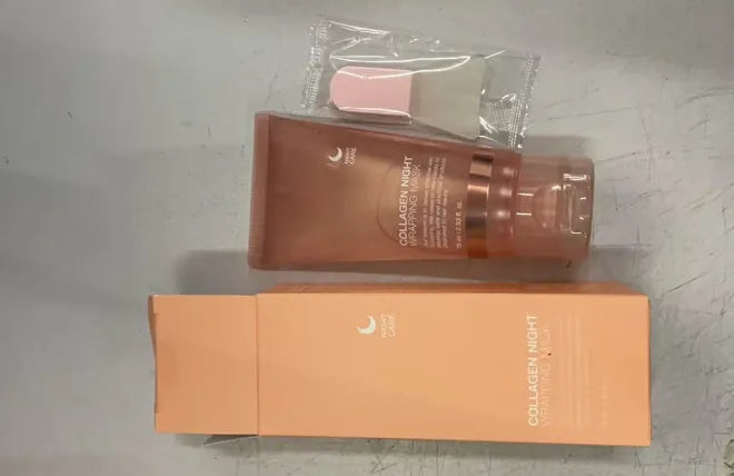75ml bottle of collagen overnight face mask with application brush on a blue background.