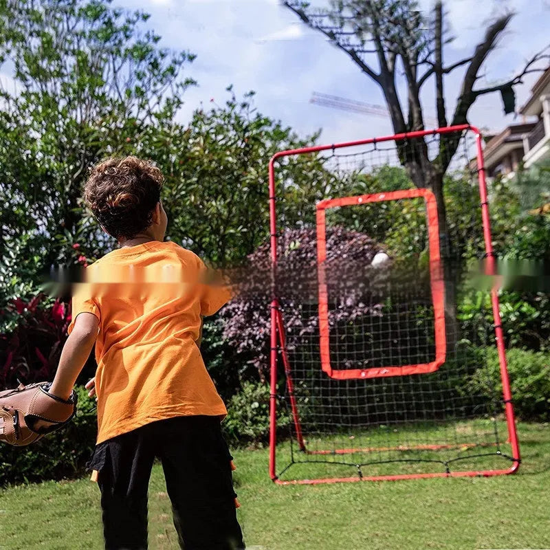 Red portable baseball training net with metal frame set up in outdoor practice area