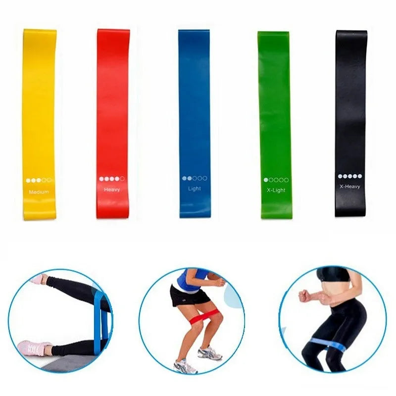 Set of five coloured TPE yoga tension resistance bands with force marks, laid flat showing different thicknesses.