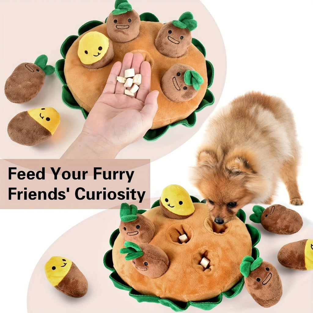 Yellow interactive dog puzzle toy pad with removable plush toys on a 45 cm square polyester mat