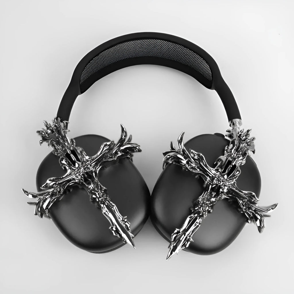 Gothic cross resin headphone covers for Apple AirPods Max in black and silver colours