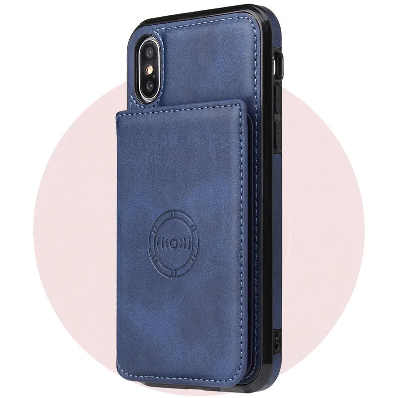 Imitation leather card wallet phone case for iPhone 11 in black, showing card slot on back.