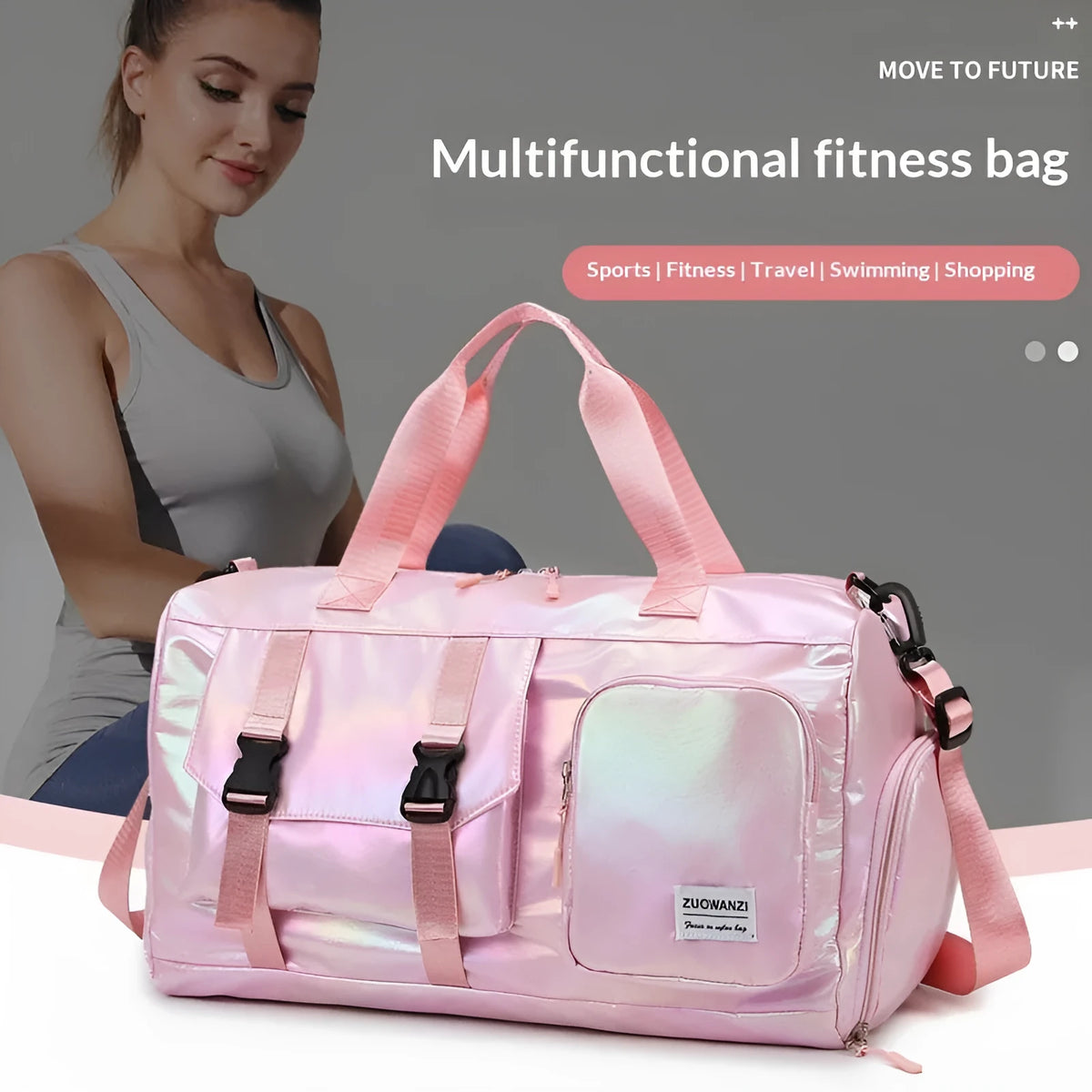 Pearlescent yoga fitness bag with rainbow pattern, dry-wet separation, 20-35L capacity and polyester lining