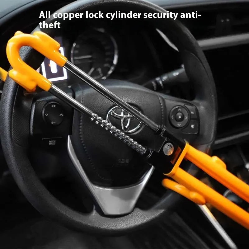 Adjustable iron steering wheel lock in red or yellow, universal fit for car security.