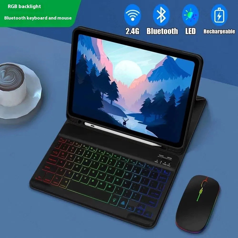 iPad protective leather case with luminous RGB backlit Bluetooth keyboard and optional mouse in various colours