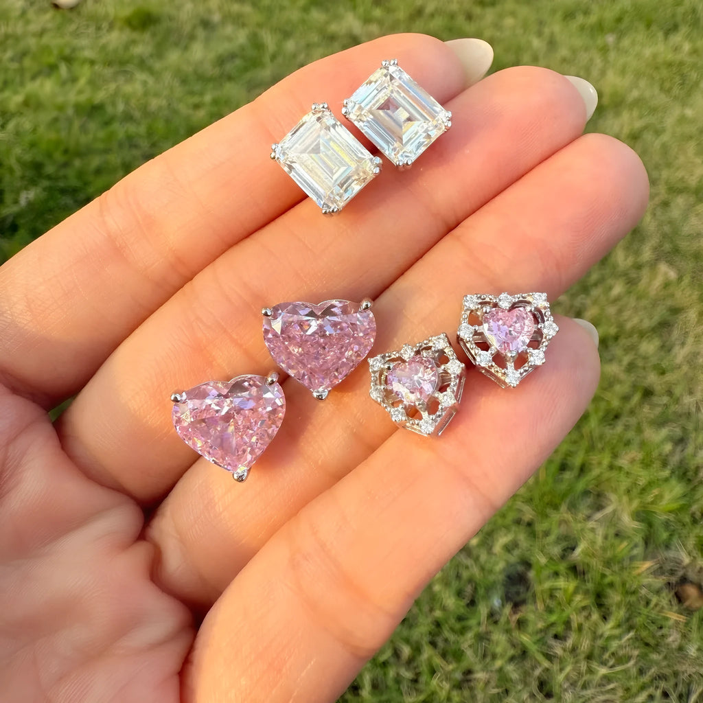 S925 silver heart zircon ear studs with electroplated finish, geometric heart design, one pair