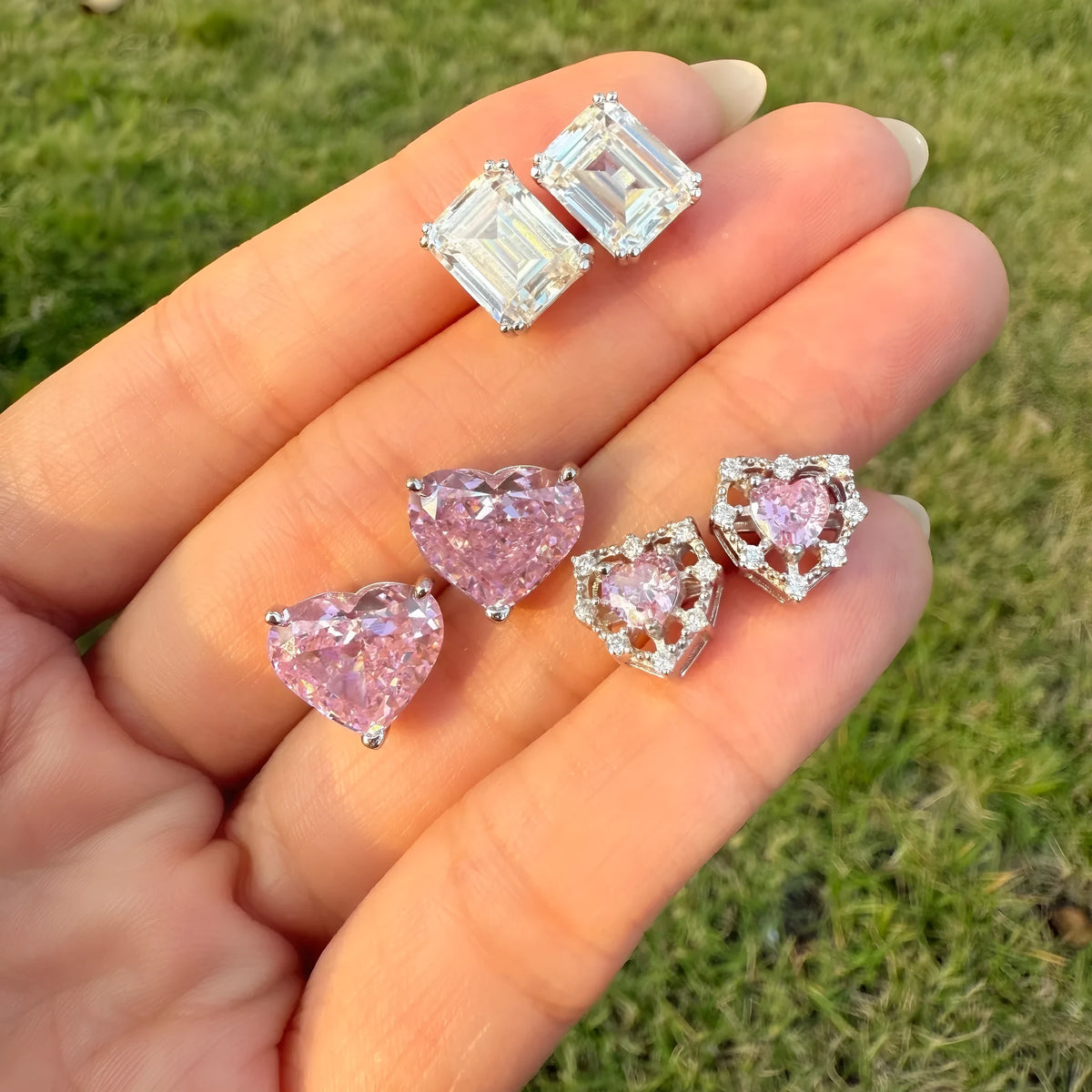 S925 silver heart zircon ear studs with electroplated finish, geometric heart design, one pair