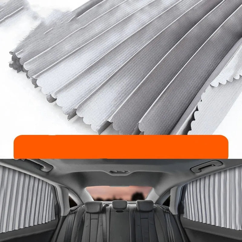Retractable car sun curtain in opaque cloth extended across vehicle window